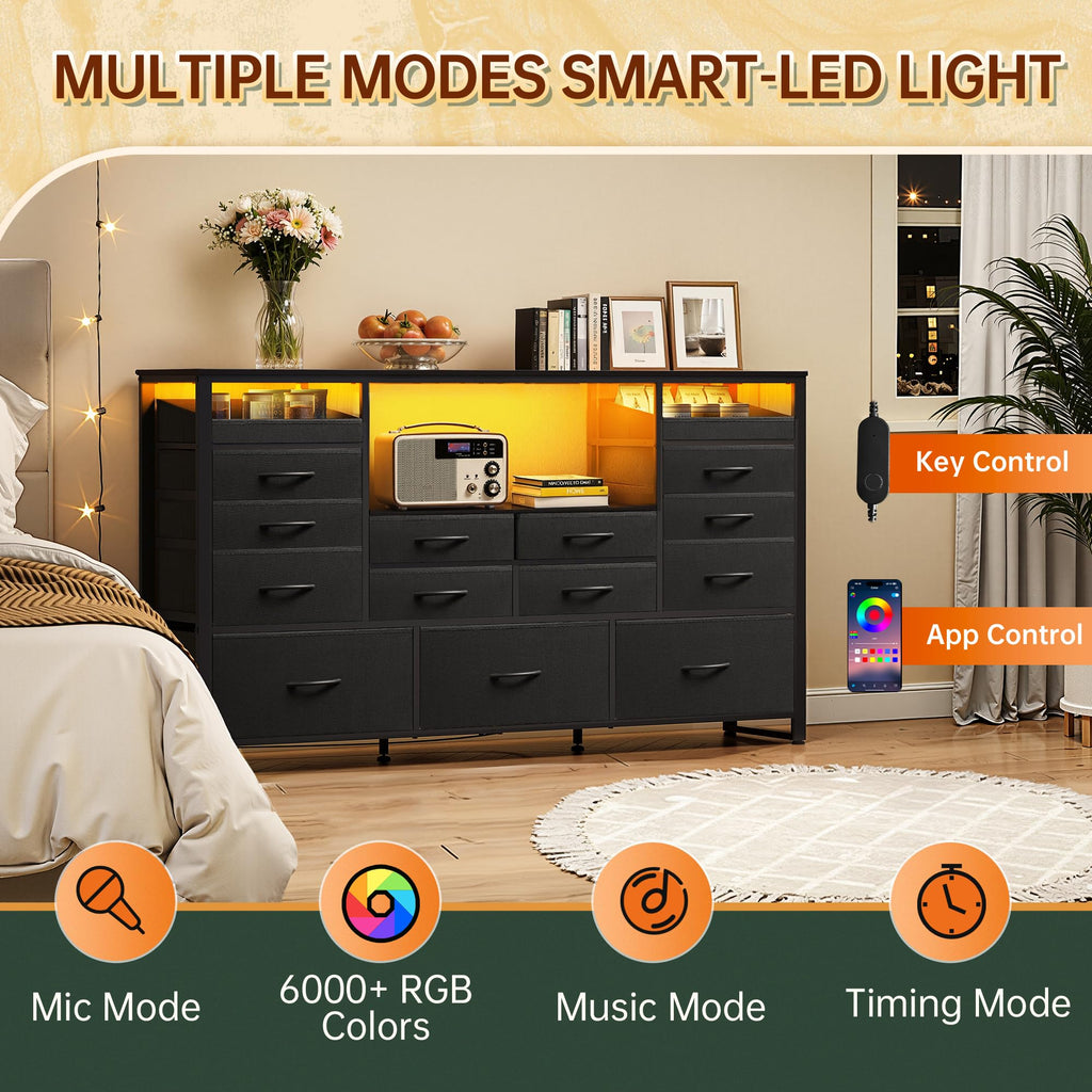 Black TV Stand with LED Lights & Charging Station, 15 Fabric Drawers T61942
