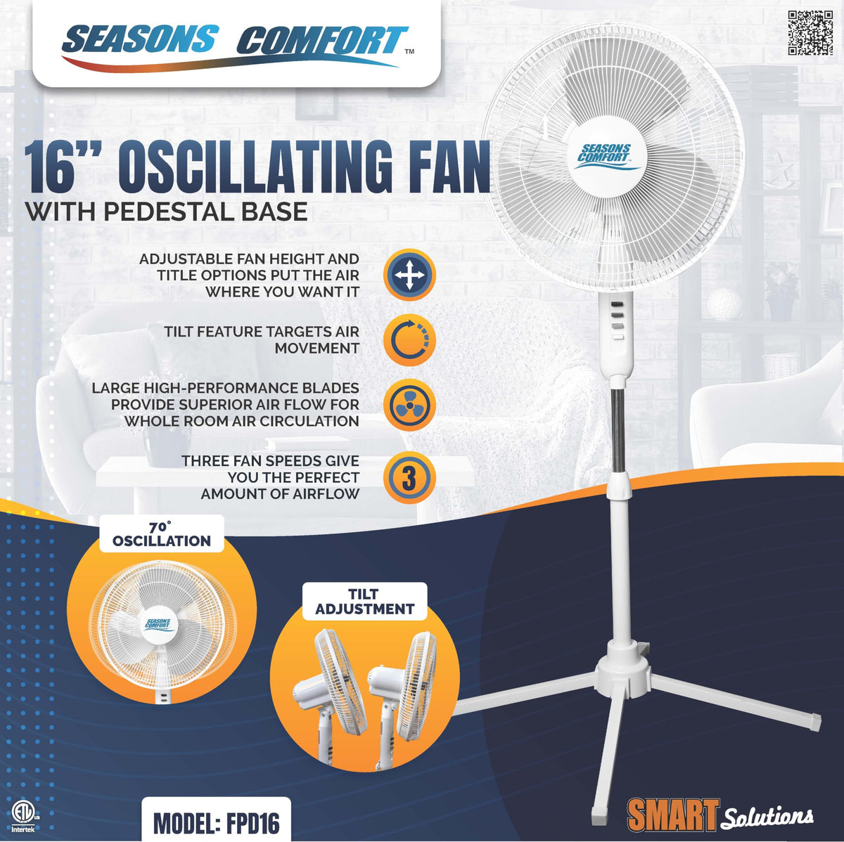 16 Inch Oscillating Pedestal Fan White 3 Speeds Adjustable Height S28401