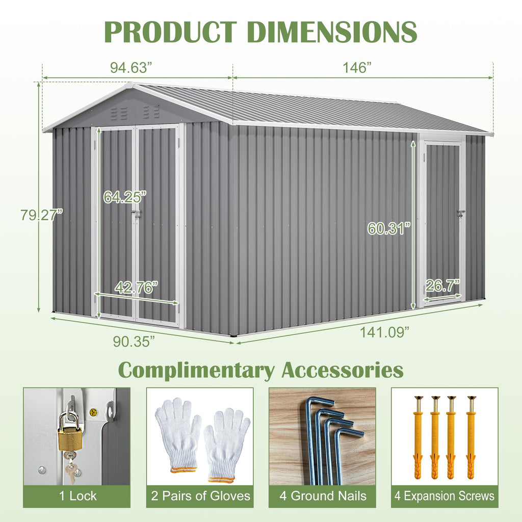 12x8 FT Galvanized Steel Storage Shed with Lockable Doors D3694