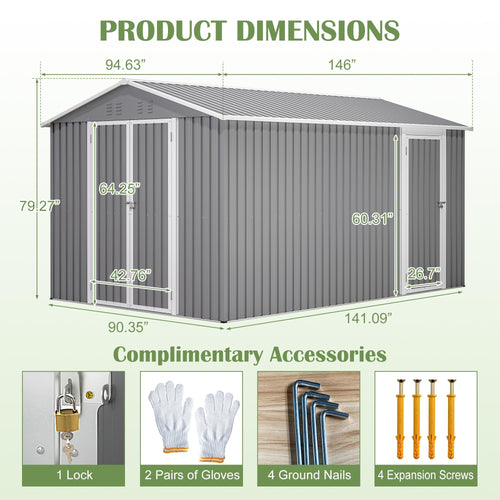12x8 FT Galvanized Steel Storage Shed with Lockable Doors D3694