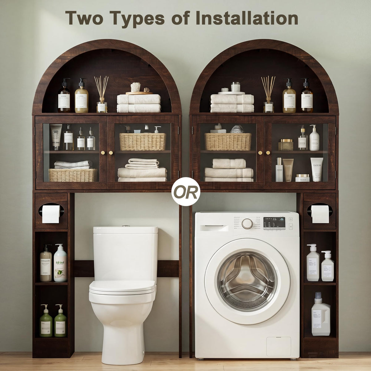 Over the Toilet Storage Cabinet with Arched Top, 68" Tall, Dark Walnut F479