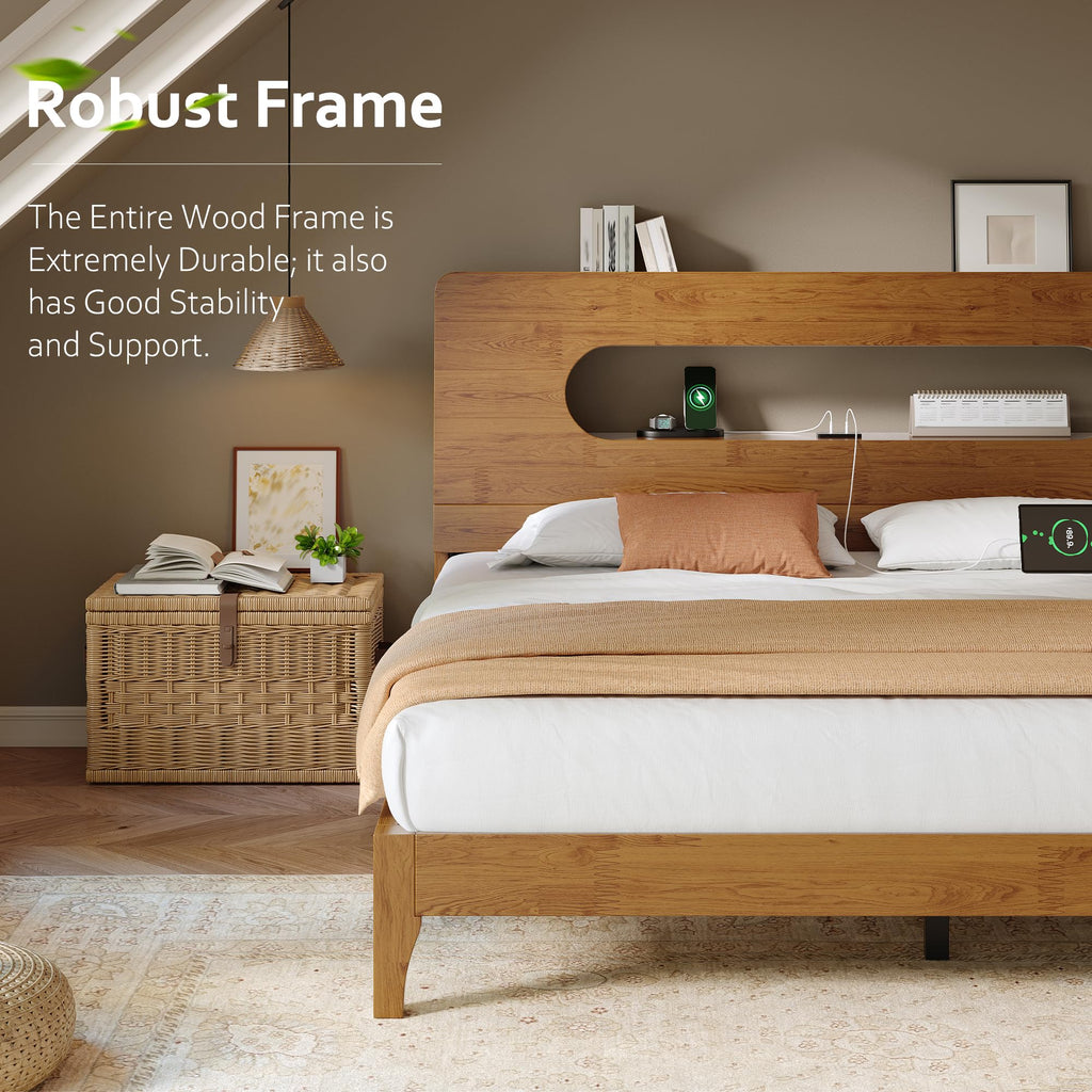 Queen Size Solid Wood Bed Frame with Storage Headboard, Brown S208