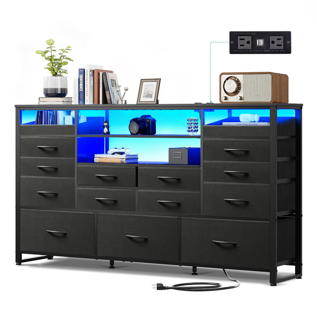 Black TV Stand with LED Lights & Charging Station, 15 Fabric Drawers T61942