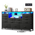 Black TV Stand with LED Lights & Charging Station, 15 Fabric Drawers T61942