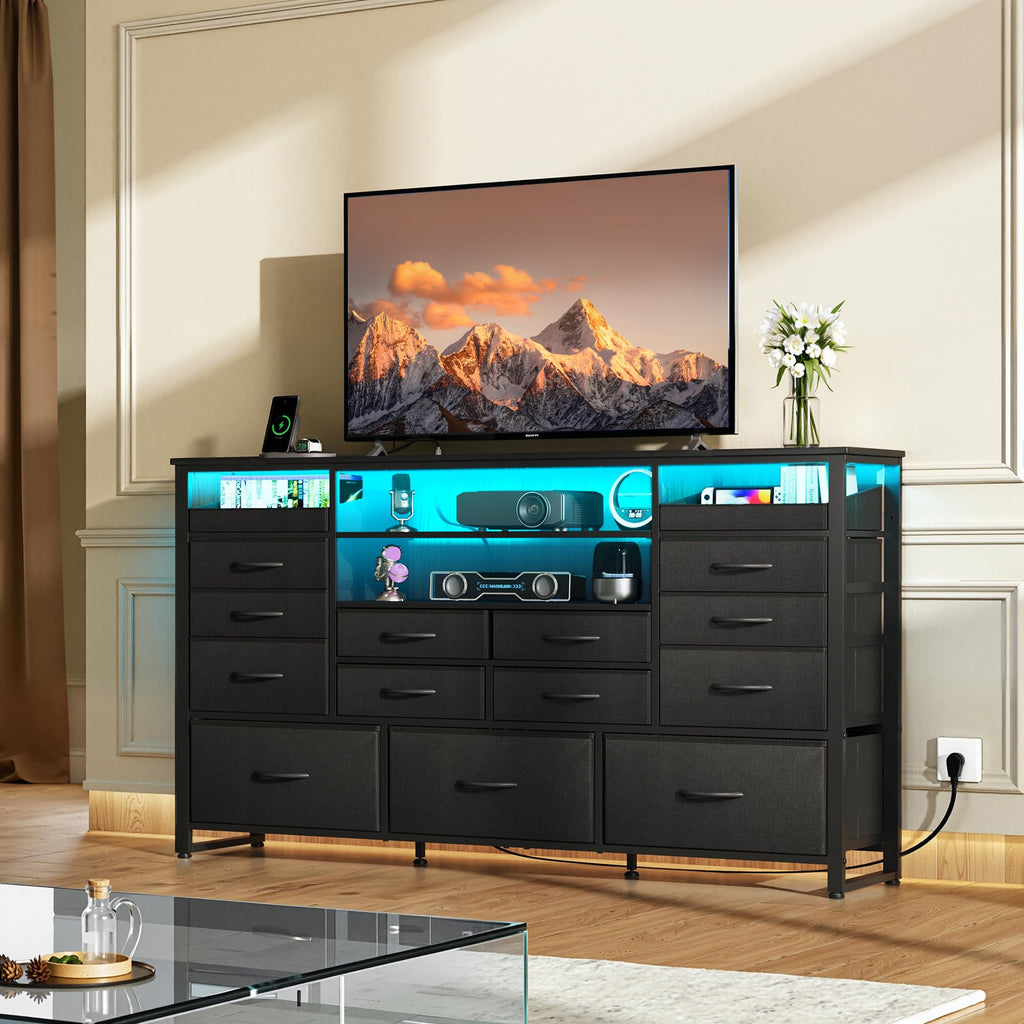Black TV Stand with LED Lights & Charging Station, 15 Fabric Drawers T61942