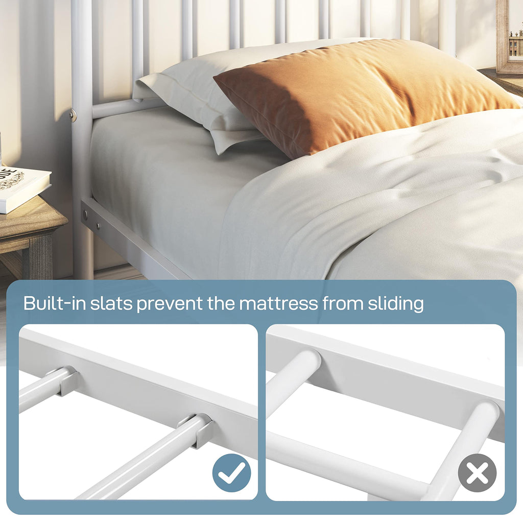 Twin Size White Metal Platform Bed Frame with Spindle Headboard R9506