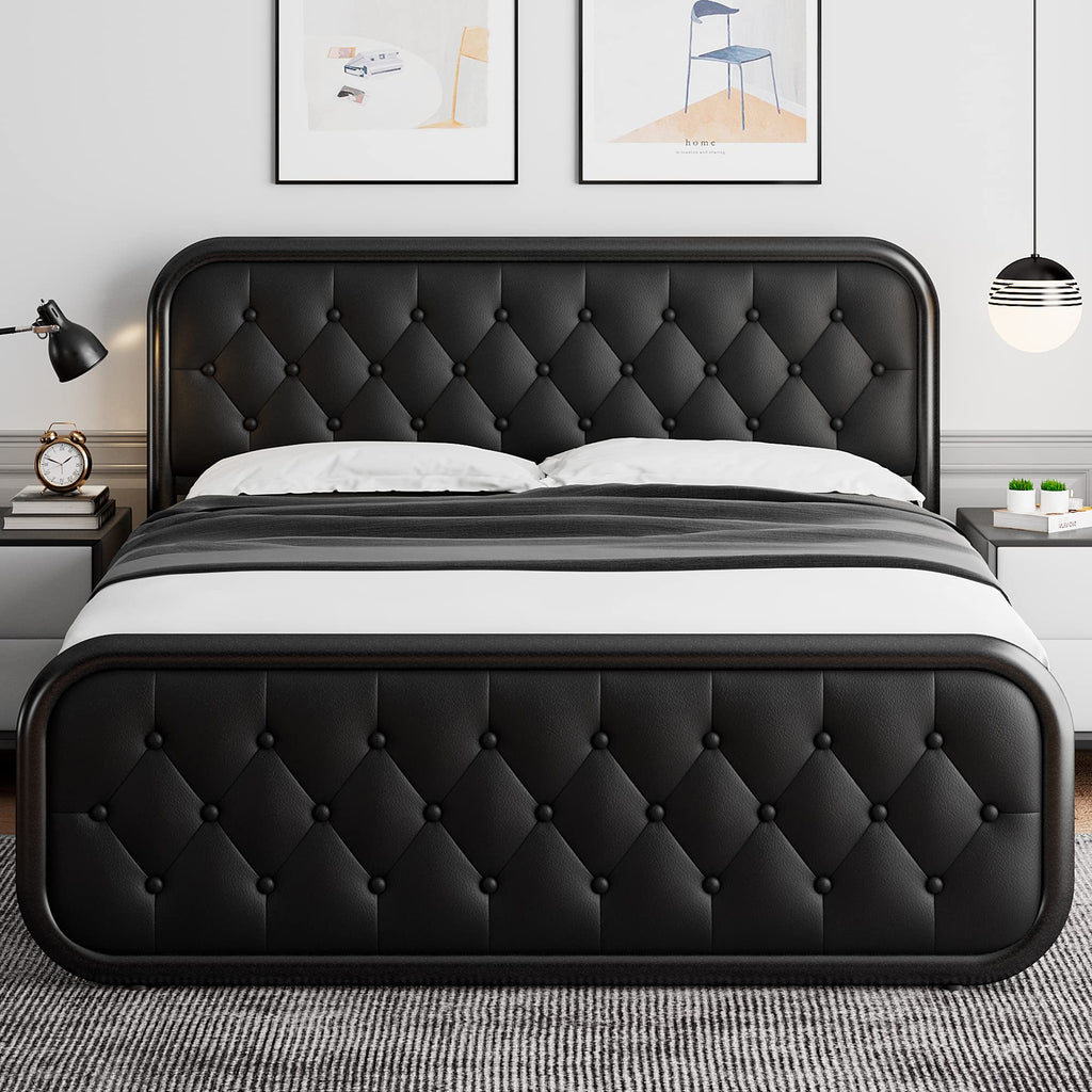 Full Size Black Metal Platform Bed Frame with Leather Headboard S4514