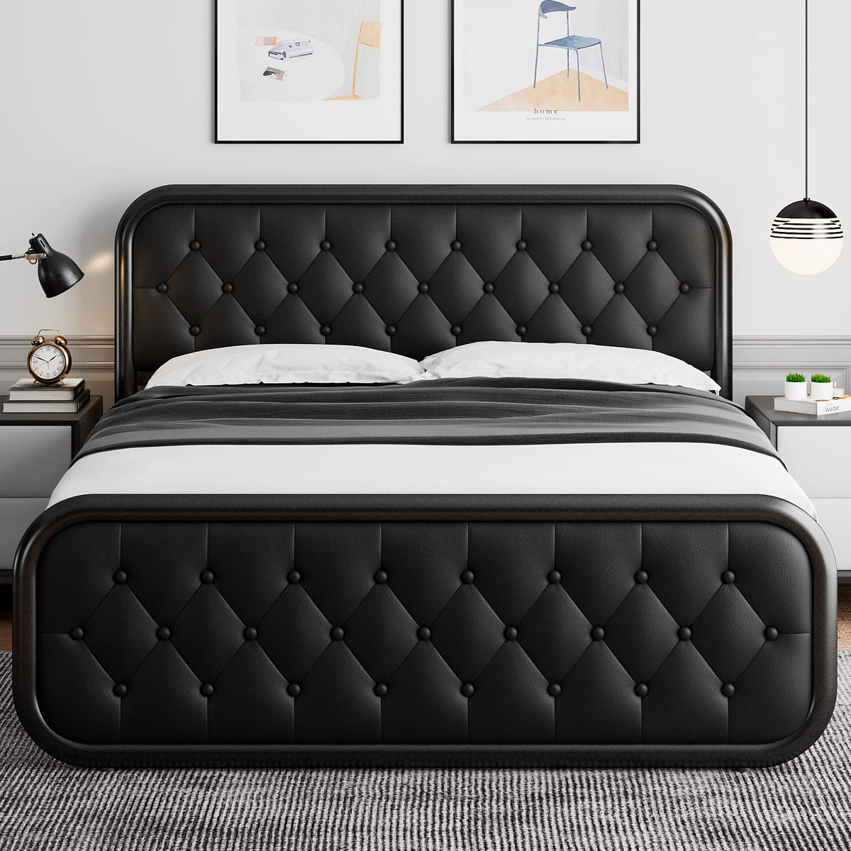 Full Size Black Metal Platform Bed Frame with Leather Headboard S4514