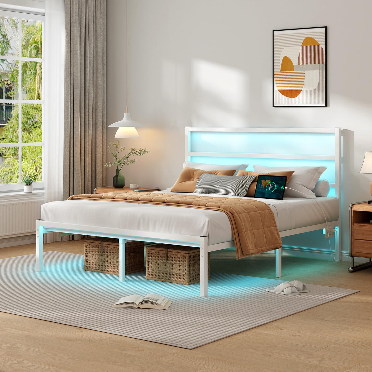 White Full Size Bed Frame with Headboard and USB Charging Station S8050