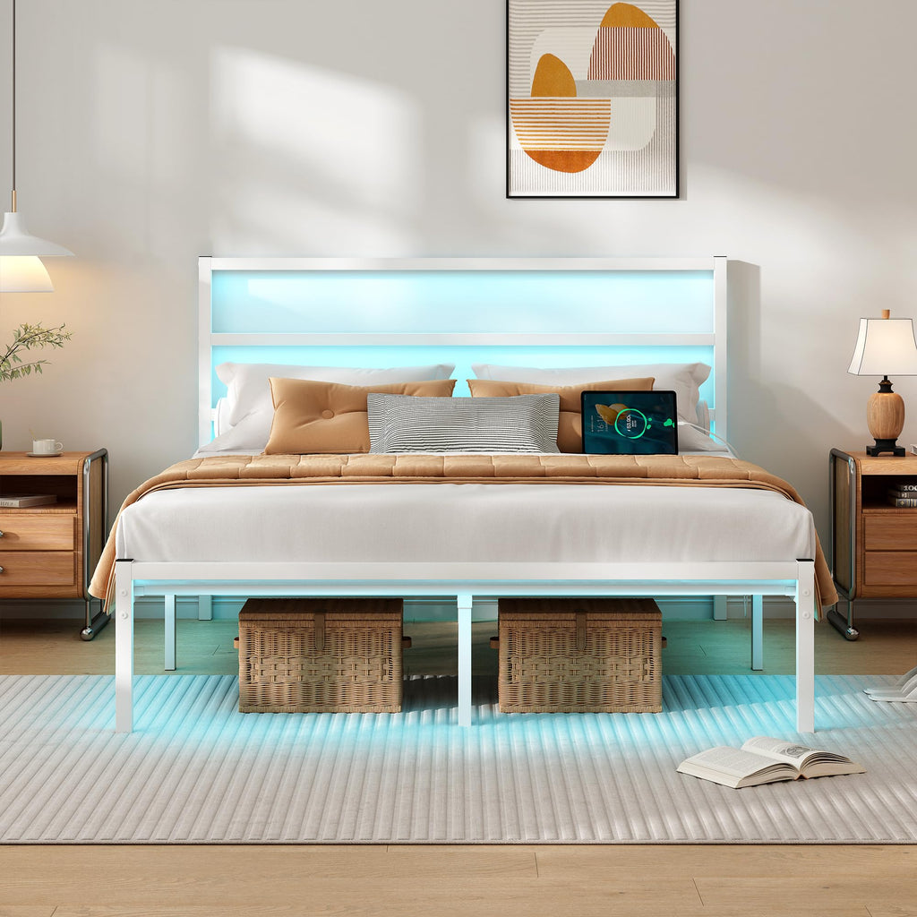 White Full Size Bed Frame with Headboard and USB Charging Station S8050