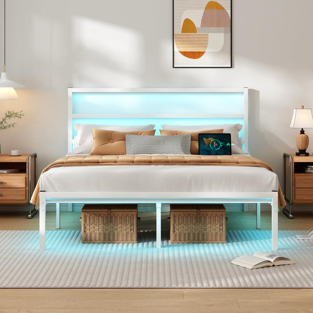White Full Size Bed Frame with Headboard and USB Charging Station S8050