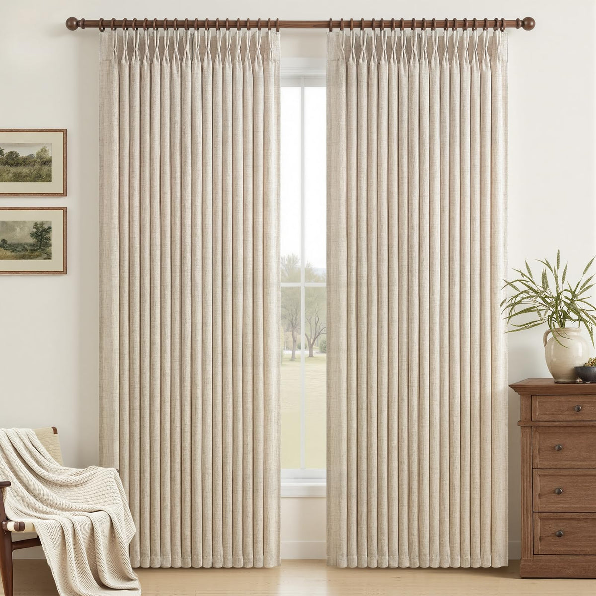 Natural Linen Pleated Curtains 86 Inches Long 50 Inch Wide 2 Panels Set P43194