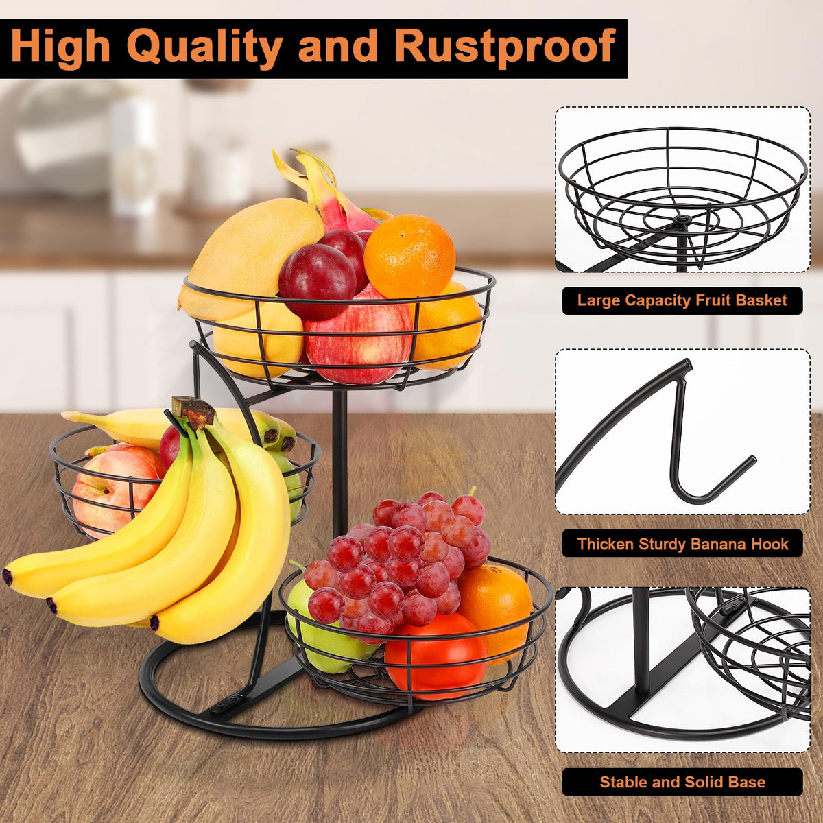 Fruit Basket Bowl with Banana Hanger, 3-Tier Metal Base Q983247