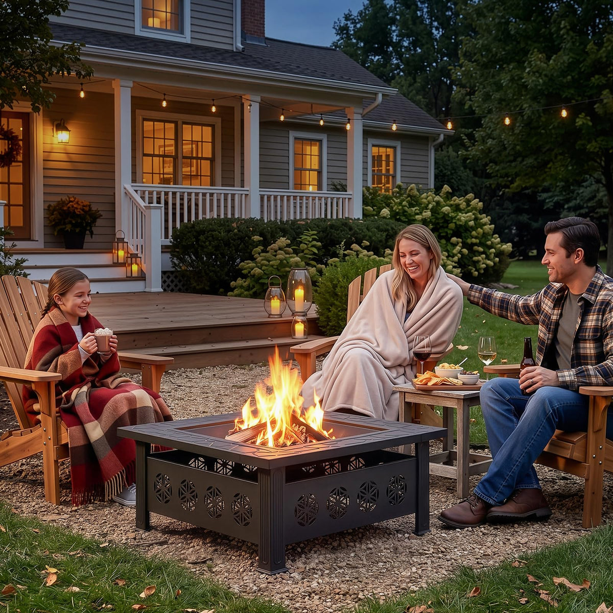 32 Inch Square Wood Burning Fire Pit Table with Spark Screen Lid and Fire Poker, Black A406283