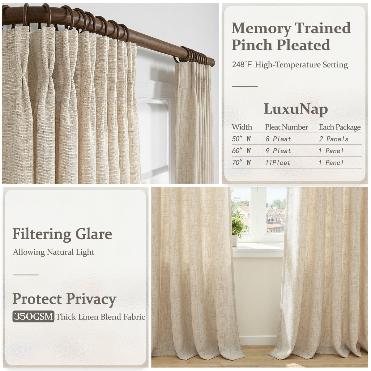 Natural Linen Pleated Curtains 86 Inches Long 50 Inch Wide 2 Panels Set P43194