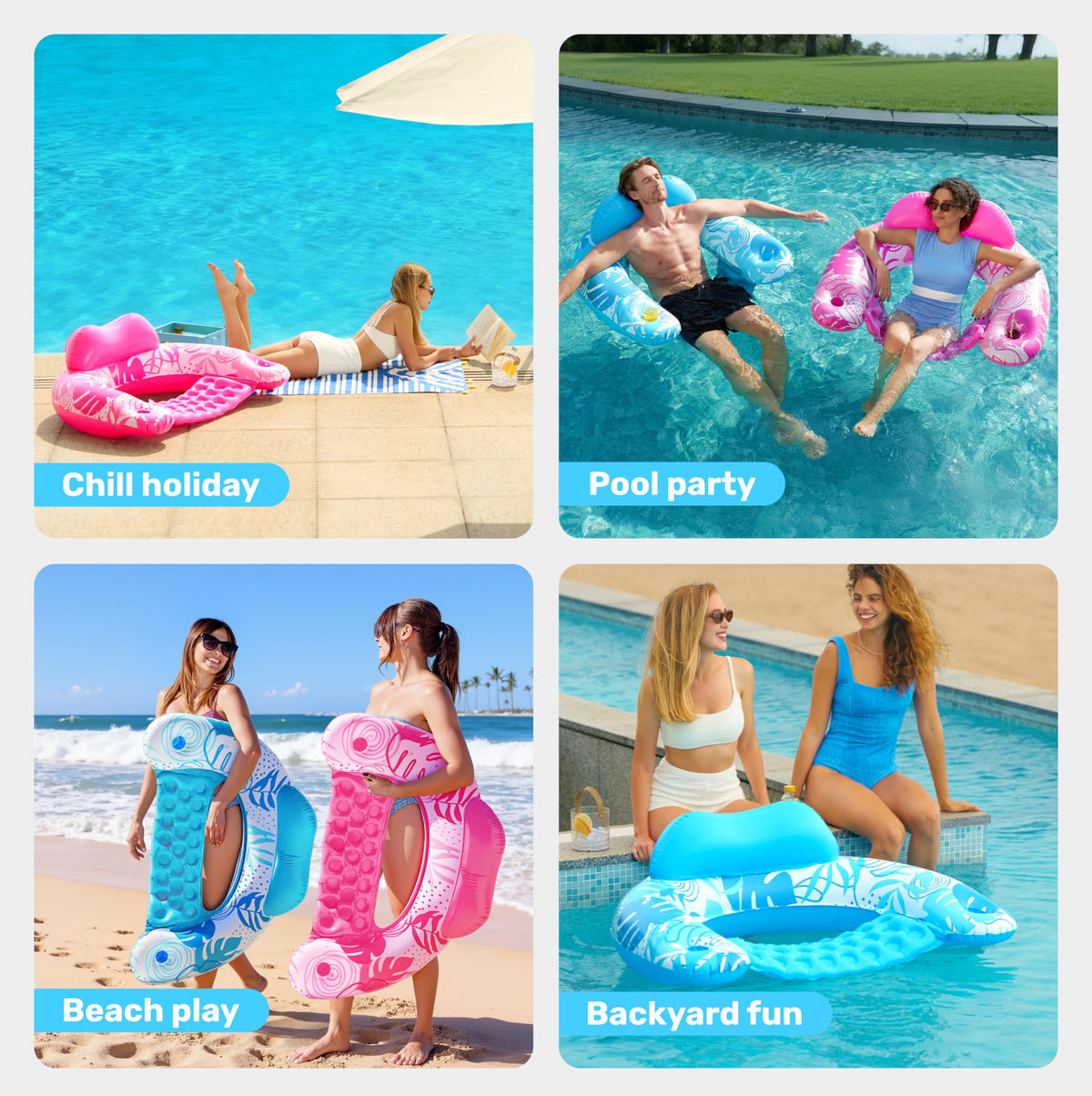 Inflatable Pool Chairs with Cup Holders, 4 Pack M8274