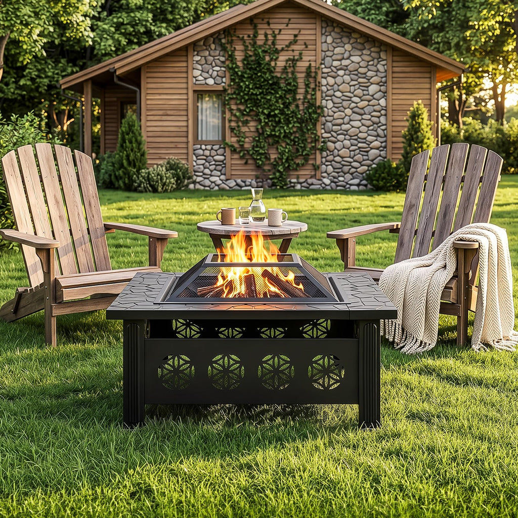 32 Inch Square Wood Burning Fire Pit Table with Spark Screen Lid and Fire Poker, Black A406283