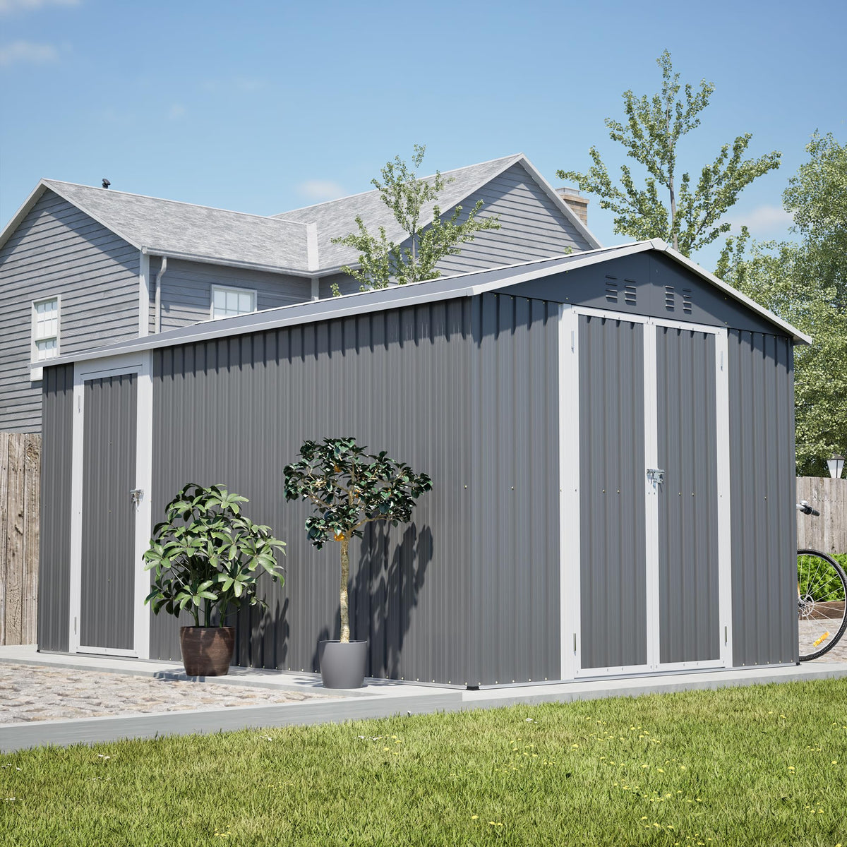 12x8 FT Galvanized Steel Storage Shed with Lockable Doors D3694