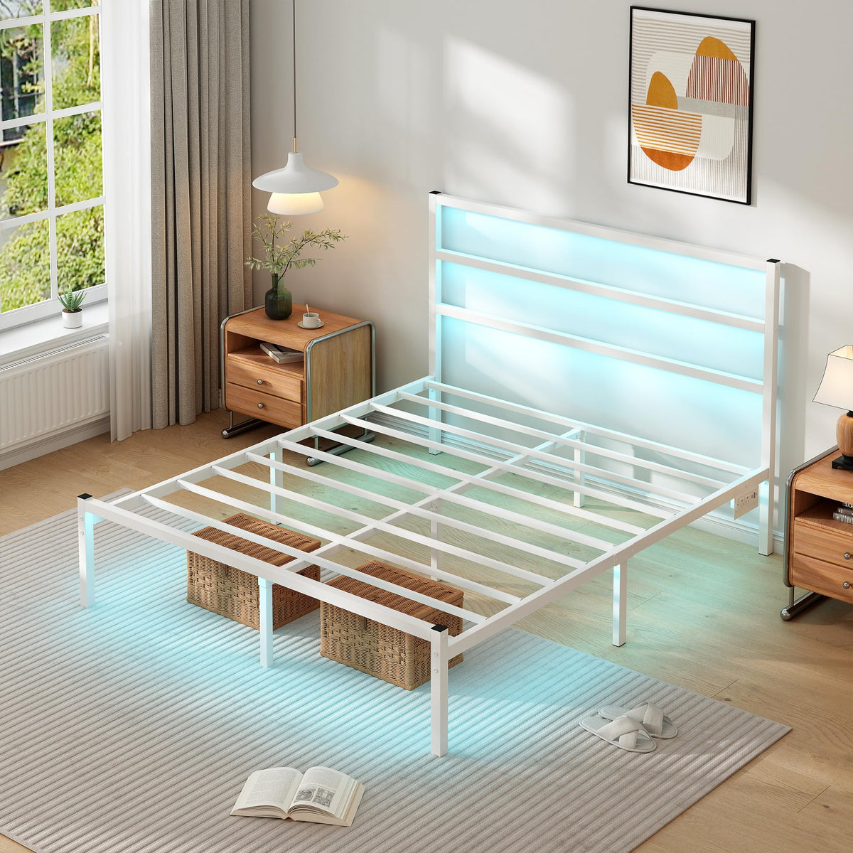 White Full Size Bed Frame with Headboard and USB Charging Station S8050