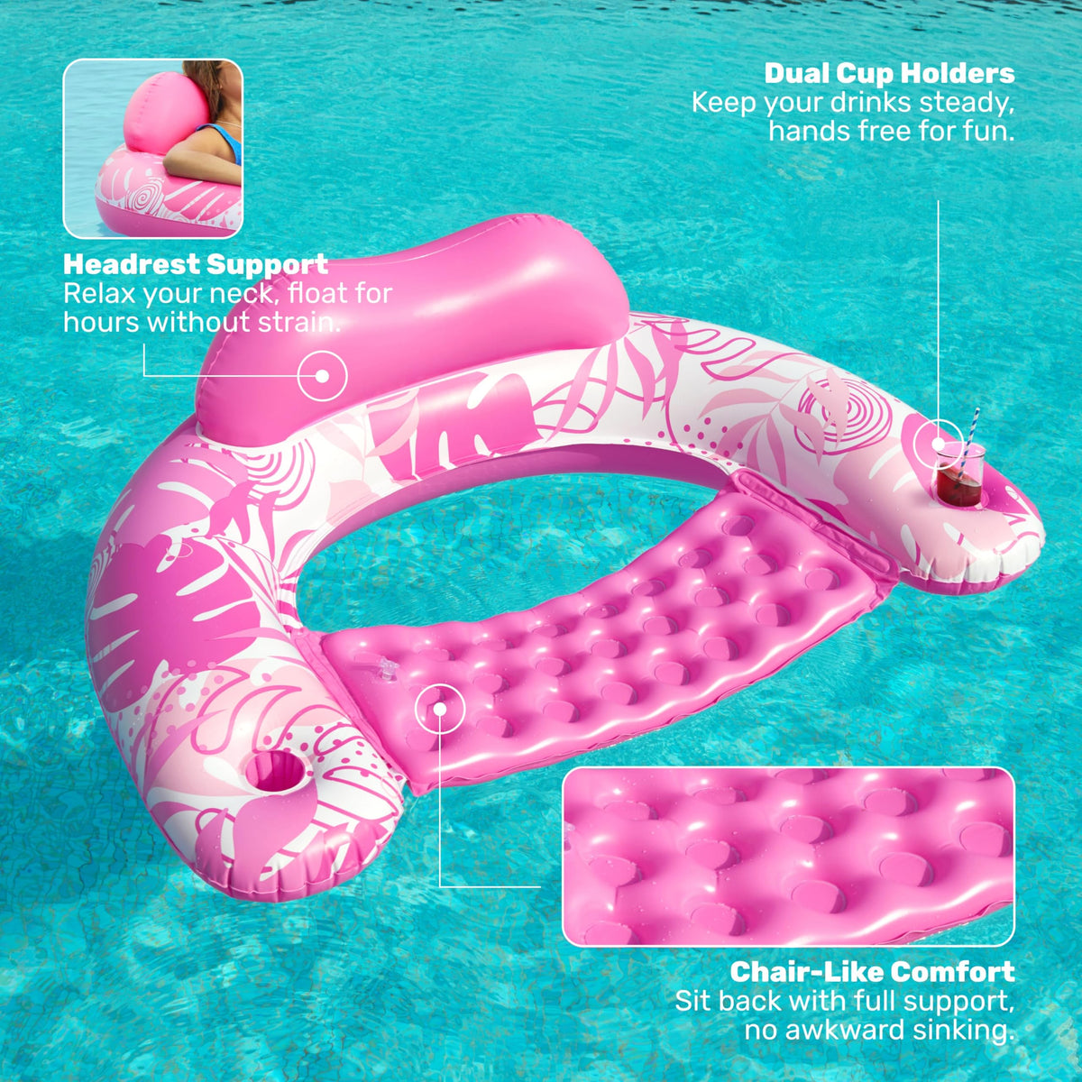 Inflatable Pool Chairs with Cup Holders, 4 Pack M8274