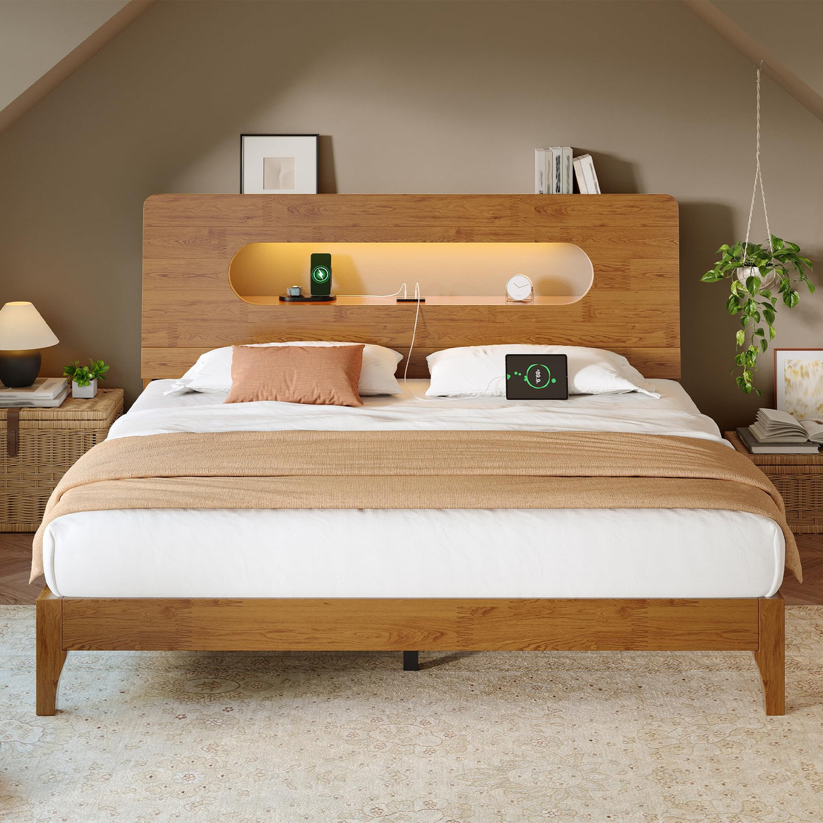 Queen Size Solid Wood Bed Frame with Storage Headboard, Brown S208