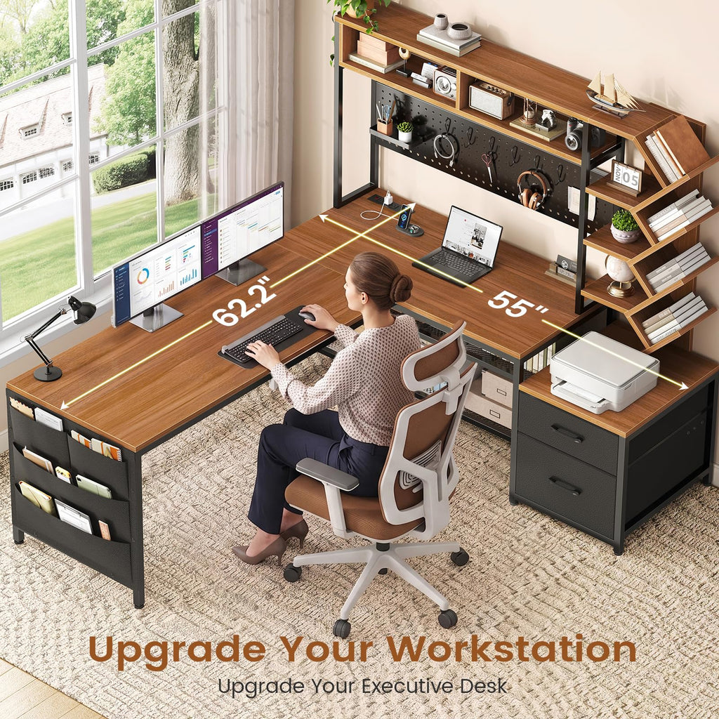 L Shaped Office Desk with Drawers and Hutch R1797