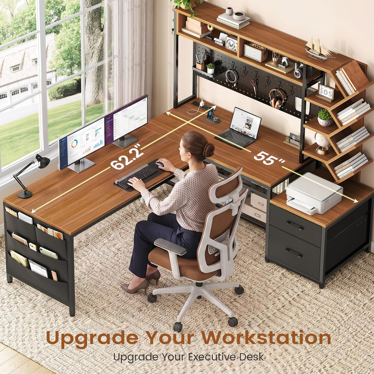 L Shaped Office Desk with Drawers and Hutch R1797