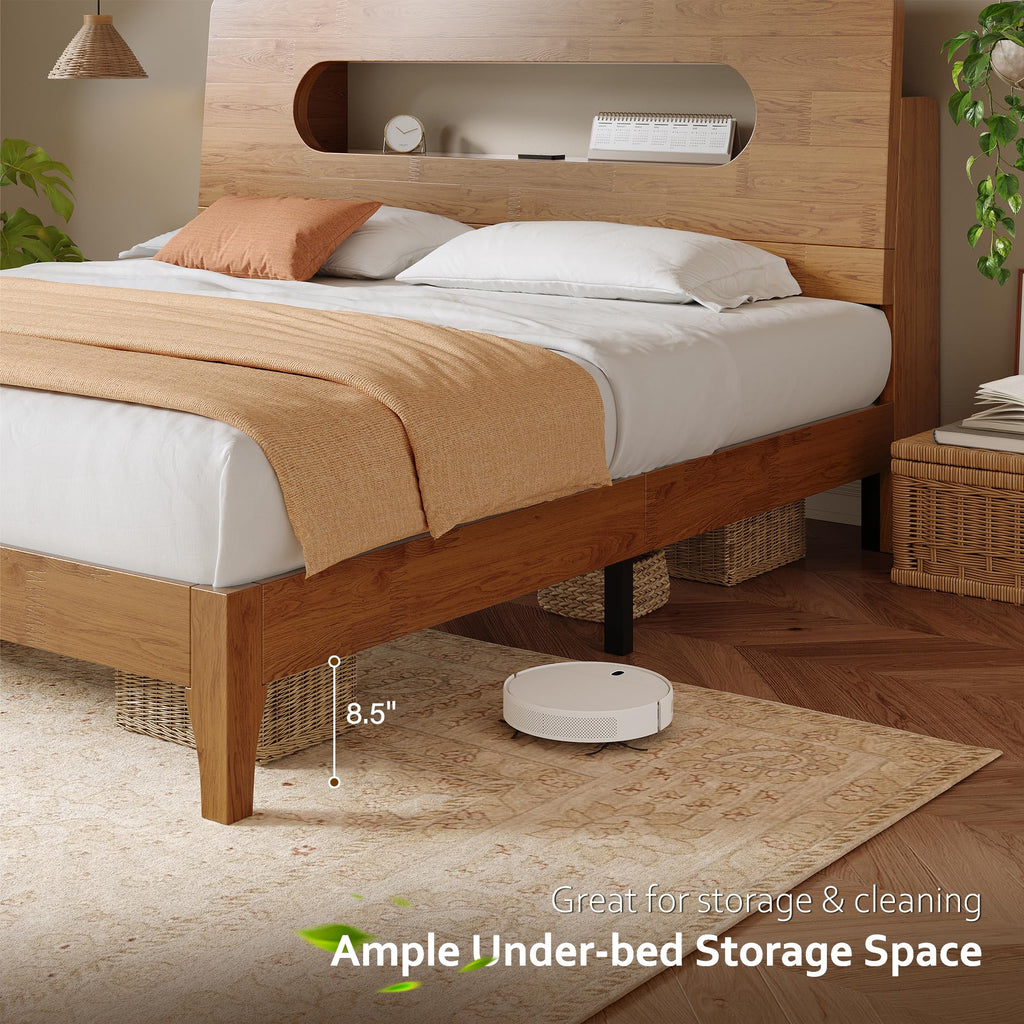 Queen Size Solid Wood Bed Frame with Storage Headboard, Brown S208