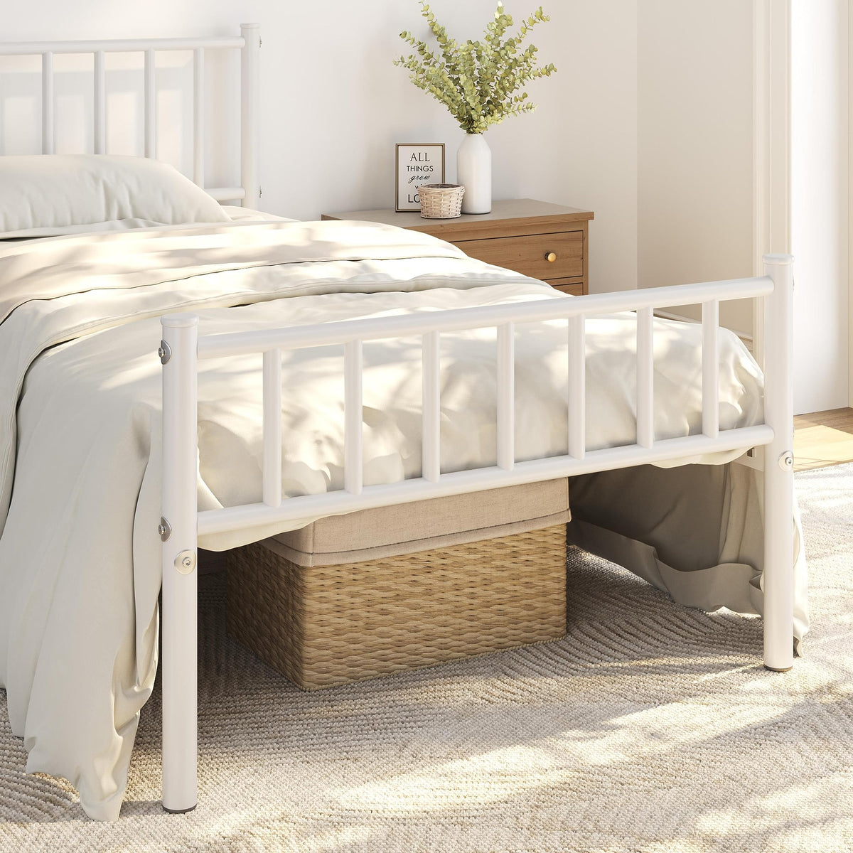 Twin Size White Metal Platform Bed Frame with Spindle Headboard R9506